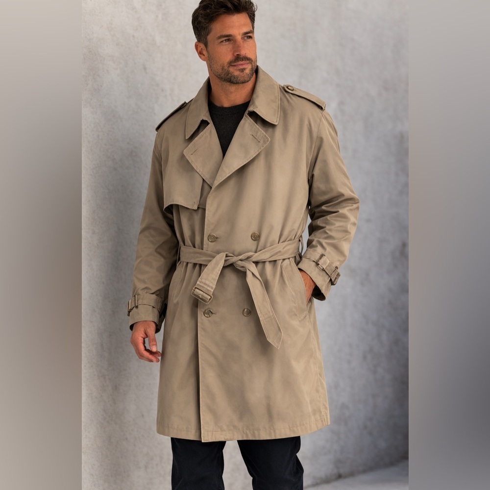 London Fog Double Breasted Trench Coat Khaki Belted Rain Coat Men’s 42 Short